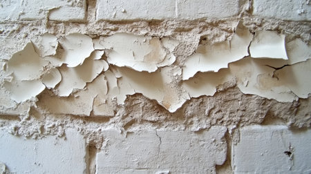 Weathered white brick wall with paint peeling slightly, revealing natural stone beneathの素材