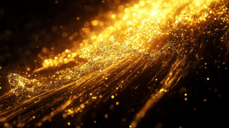 This mesmerizing image features golden waves of light and sparkling particles, creating a magical and radiant atmosphere perfect for artistic projects.の素材