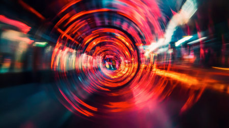 A mesmerizing swirl of vibrant light trails in circular motion, creating an abstract visual feast. Ideal for projects seeking a dynamic and colorful touch.の素材