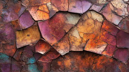 A vibrant and richly textured surface featuring cracked and peeling paint patterns. The artwork showcases an array of colors and distinct layers that evoke a sense of vintage beauty.の素材