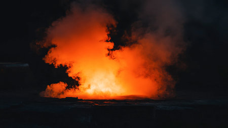 A captivating display of a fiery eruption surrounded by thick smoke creates a dramatic scene. The vivid orange glow contrasts with the dark background, enhancing the atmospheric impact.の素材