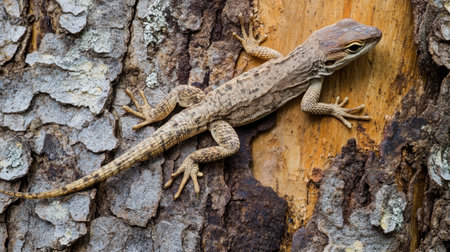This image captures a lizard expertly camouflaged on a textured tree bark. The intricate patterns and colors blend with the natural environment, showcasing wildlife's ability to adapt.の素材