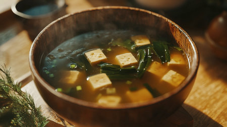 This image showcases a warm bowl of tofu soup, garnished with fresh green onions, steaming gently to create an inviting and appetizing scene.の素材