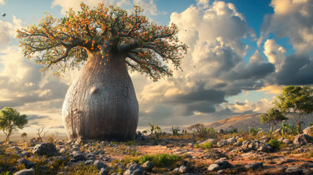 A magnificent baobab tree stands tall amidst a vibrant landscape, showcasing its unique shape and lush foliage under a beautifully painted sky.の素材