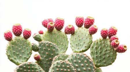 Vibrant prickly pear cactus showcases bright red fruits atop green pads, creating a striking visual against a light background. Perfect for nature lovers.の素材