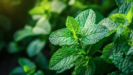 Lush green mint leaves glisten in natural sunlight, showcasing their textured surface and vibrant color. Perfect for culinary and herbal themes.の素材
