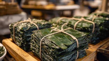 This image showcases fresh green leaves neatly bundled with twine, perfect for culinary uses. Captures the essence of organic ingredients and rustic presentation.の素材