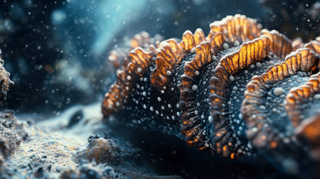 This captivating close-up image features a vibrant starfish, showcasing its intricate textures and colors in an enchanting underwater environment.の素材