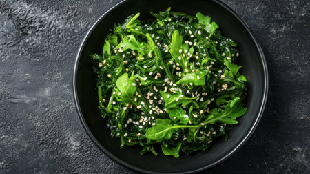 A vibrant seaweed salad featuring fresh greens and sesame seeds, served in a black bowl. This nutritious dish is perfect as a healthy snack or side.の素材