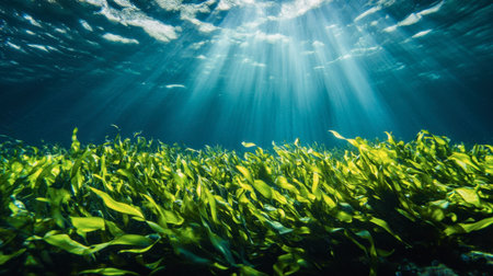 A vibrant underwater scene showcasing a lush forest of seaweed illuminated by soft beams of sunlight filtering through the water, creating a serene and tranquil atmosphere.の素材