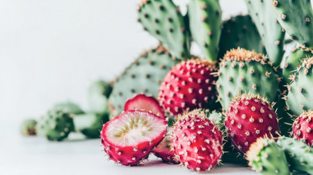 A vibrant display of fresh red cactus fruit with prickly skin set against green cactus plants. Perfect for showcasing healthy, organic food and nature.の素材