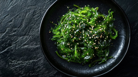 A vibrant seaweed salad garnished with sesame seeds presented in a sleek black bowl, perfect for healthy dining and creative culinary experiences.の素材