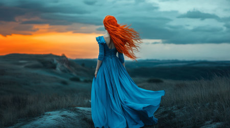 A woman with vibrant red hair in a flowing blue dress stands against a stunning sunset sky, capturing a moment of calm and elegance in nature's beauty.の素材