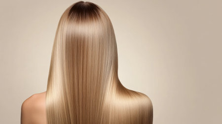 Back view of smooth, long blonde hair displaying a radiant shine against a neutral background. Perfect for showcasing beauty and hair care themes.の素材