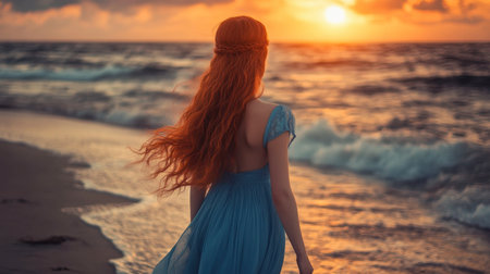 A young woman in a flowing blue dress stands on the beach, gazing at a vibrant sunset over the ocean waves, capturing a moment of tranquility and beauty.の素材