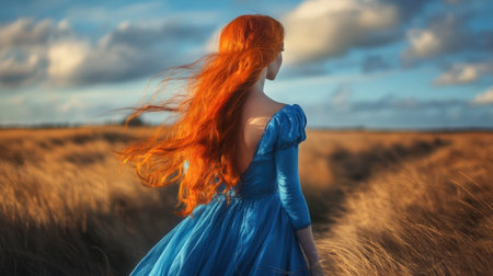 A serene woman with long, flowing red hair stands in a golden field, wearing a stunning blue dress. The sunlight creates a magical atmosphere at sunset.の素材