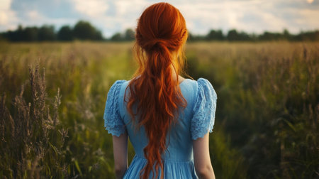 A young woman with long red hair wearing a blue dress stands in a picturesque field, enjoying the tranquility of nature under a vibrant sky.の素材