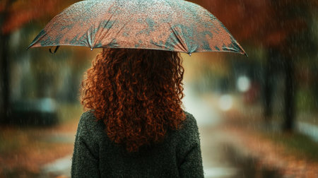 A woman with curly hair stands under a patterned umbrella on a rainy autumn street. The wet pavement reflects vibrant leaves, creating a tranquil atmosphere.の素材