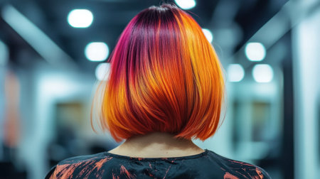 A stunning view of a woman's back showcasing vibrant sunset hair colors in an ombre style. The bright orange and pink hues create a striking visual effect.の素材