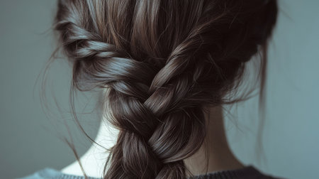 A captivating back view of a woman's elegant braid showcasing the rich texture of brown hair against a minimalistic backdrop. Perfect for beauty and lifestyle themes.の素材