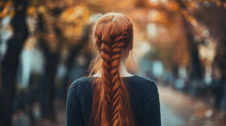 A young woman with long, braided red hair stands in an autumn park. The warm colors of the leaves create a serene backdrop, enhancing the tranquil atmosphere.の素材