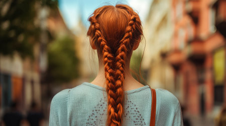 A young woman with striking long red hair styled in braids walks through a vibrant city street, showcasing a casual summer fashion against a lively backdrop.の素材