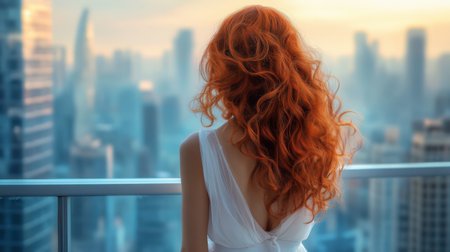 Curly reddish-brown-haired girl in a white dress, her back to the camera, standing on a balcony with a view of the city skylineの素材
