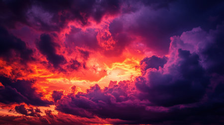 Dark purple and fiery red clouds floating over the sky as the last rays of sunlight vanishの素材