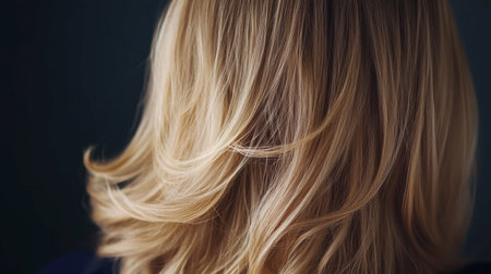 Elegant blonde hair cascading down the back of a young woman, showing healthy strands and natural shineの素材