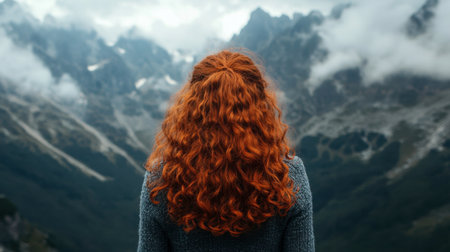 Curly reddish-brown-haired girl, shot from the back, standing in front of a stunning mountain rangeの素材