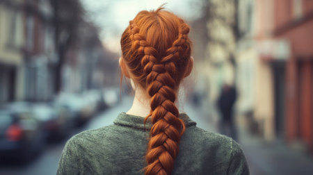 A stunning redhead with an elaborate braid walks down a charming urban street in autumn, embodying tranquility and reflection in her casual style.の素材