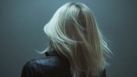 Elegant back view of a woman with long, flowing blonde hair against a soft dark background, capturing a serene and stylish essence perfect for fashion or beauty themes.の素材