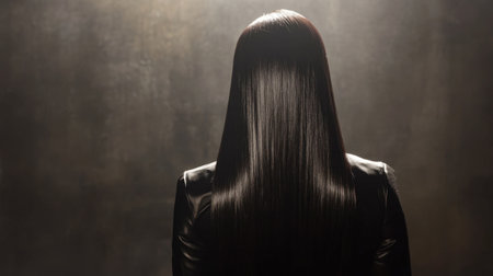 This image features a woman with sleek black hair viewed from behind in a dark, foggy setting. The atmosphere evokes mystery and elegance, perfect for fashion and beauty themes.の素材