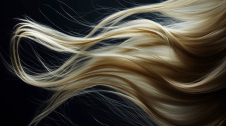 A captivating image of flowing golden hair against a dark background, showcasing grace and elegance. Perfect for beauty and haircare themes.の素材