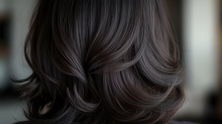 Captivating back view of smooth, shiny, layered dark hair showcasing elegance and beauty. Perfect for beauty, fashion, and haircare themes.の素材