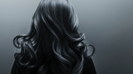 This striking image showcases elegant black hair styled in soft curls, emphasizing shine and texture against a minimalist background, perfect for beauty and fashion themes.の素材