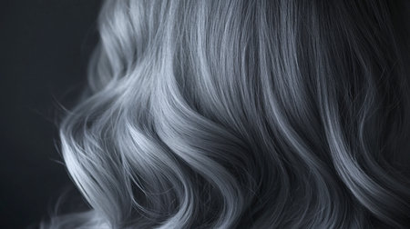 This image showcases a stunning close-up of silvery gray wavy hair, highlighted against a dark background, emphasizing its soft texture and elegance.の素材