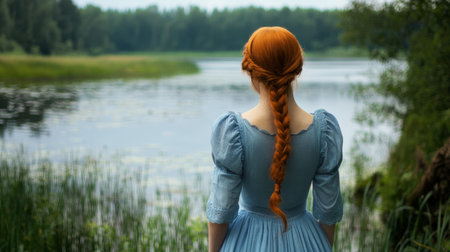 A young woman with striking red hair in a blue dress stands by a tranquil lake, enjoying a serene moment amidst beautiful natural surroundings.の素材