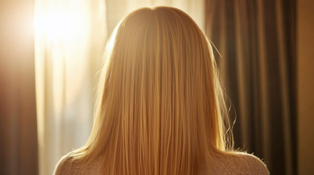 A woman with long golden hair stands by a window, basking in the soft morning light. Her back is to the viewer, creating a serene and tranquil atmosphere.の素材
