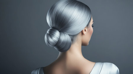 A portrait of an elegant woman showcasing silver hair styled in a classic bun. The image captures a modern beauty and sophistication with smooth textures and minimalistic vibes.の素材
