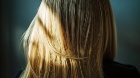 A captivating image showcasing long, textured blonde hair illuminated by soft light. The serene background enhances the beauty and elegance of this portrait.の素材