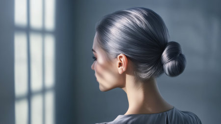 A captivating profile view of a woman with silver hair styled in a bun. Soft light casts delicate shadows, creating an atmosphere of elegance and introspection.の素材