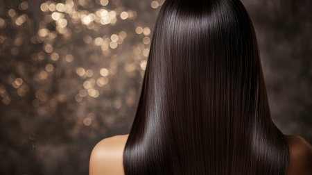 A captivating close-up of smooth and shiny long hair, showcasing salon-quality texture against a glowing and bokeh background. Perfect for beauty and haircare themes.の素材