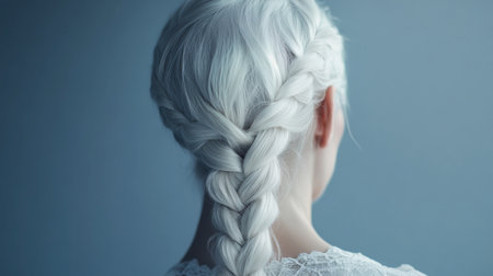 This image features a close-up view of a woman's elegant braid hairstyle, showcasing stunning silver hair. The soft lighting and serene background enhance the beauty and artistic flair of the portrait.の素材