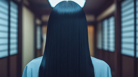 A serene image of a woman with long black hair standing in a traditional hallway, capturing a moment of tranquility and elegance in a minimalist setting.の素材