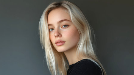 A stunning portrait of a young woman with long blonde hair, captured in soft light. Her natural beauty and calm expression convey a sense of serenity and elegance.の素材