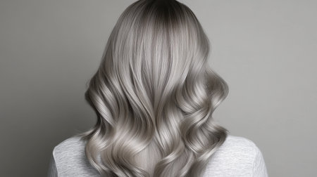 A stunning back view of silver hair styled in soft waves, showcasing smooth texture and shine against a light background, perfect for beauty themes.の素材