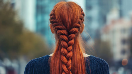 A young woman with stunning red braided hair is seen from behind in an urban setting, showcasing her unique hairstyle against a city backdrop.の素材