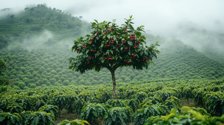 A striking coffee plantation scene featuring a solitary red fruit tree surrounded by lush greenery and misty mountains. Perfect for nature lovers.の素材