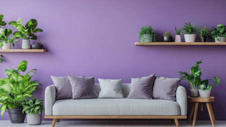 A modern living room featuring a couch against a purple wall, adorned with decorative cushions and surrounded by various indoor plants. The space radiates a cozy and inviting atmosphere, perfect for relaxation and style.の素材